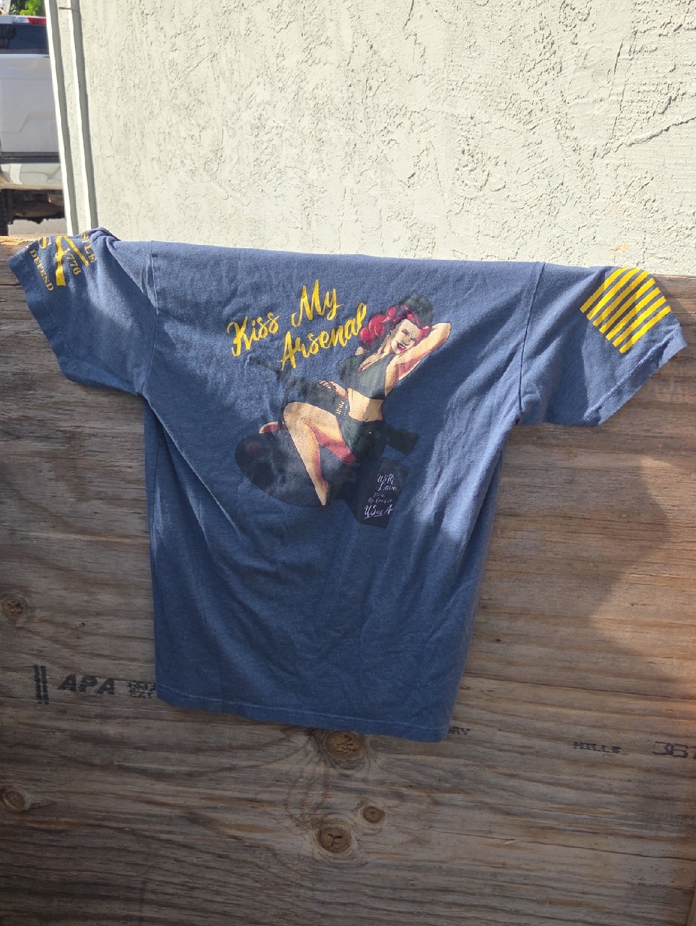 Grunt Style Blue Short-Sleeve Tee with Yellow Script & Pin-Up Graphic